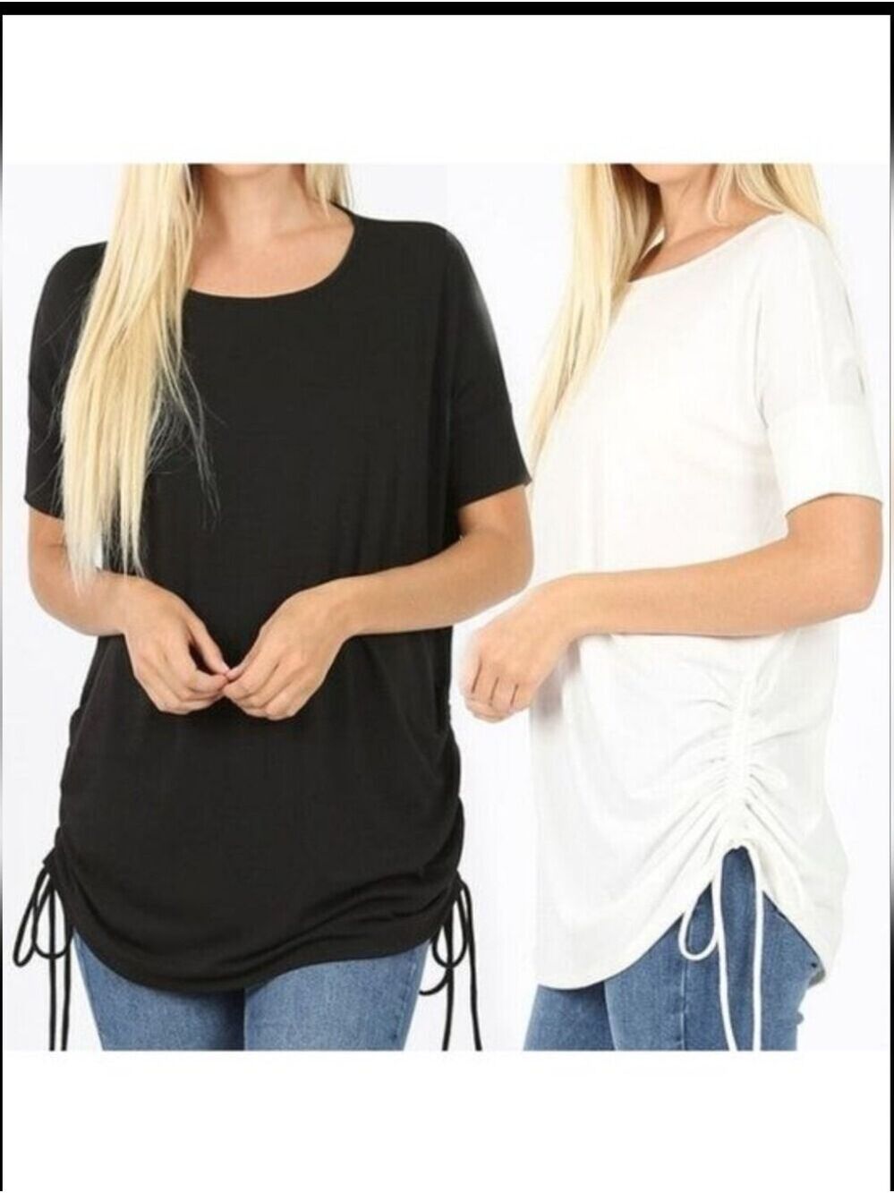ZENANA 3/4 Sleeve Black Tunic Top With Drawstring Side Ruching Size Small NWT